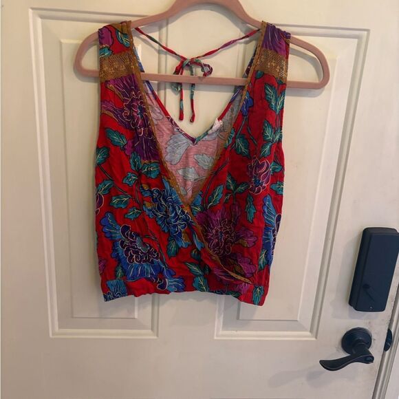 Anthropologie Tiny Red Floral V-Neck Wrap Blouse - Picture 2 of 4